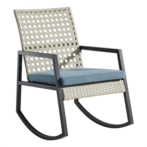 walker edison modern rattan patio rocker with cushion in light gray and blue