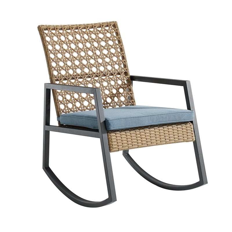 Modern Rattan Patio Rocker With Cushion Light Brown And Blue