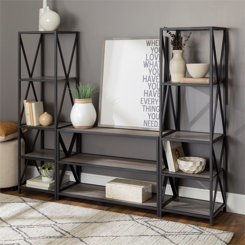 3Piece Rustic Entertainment Center Gray Wash