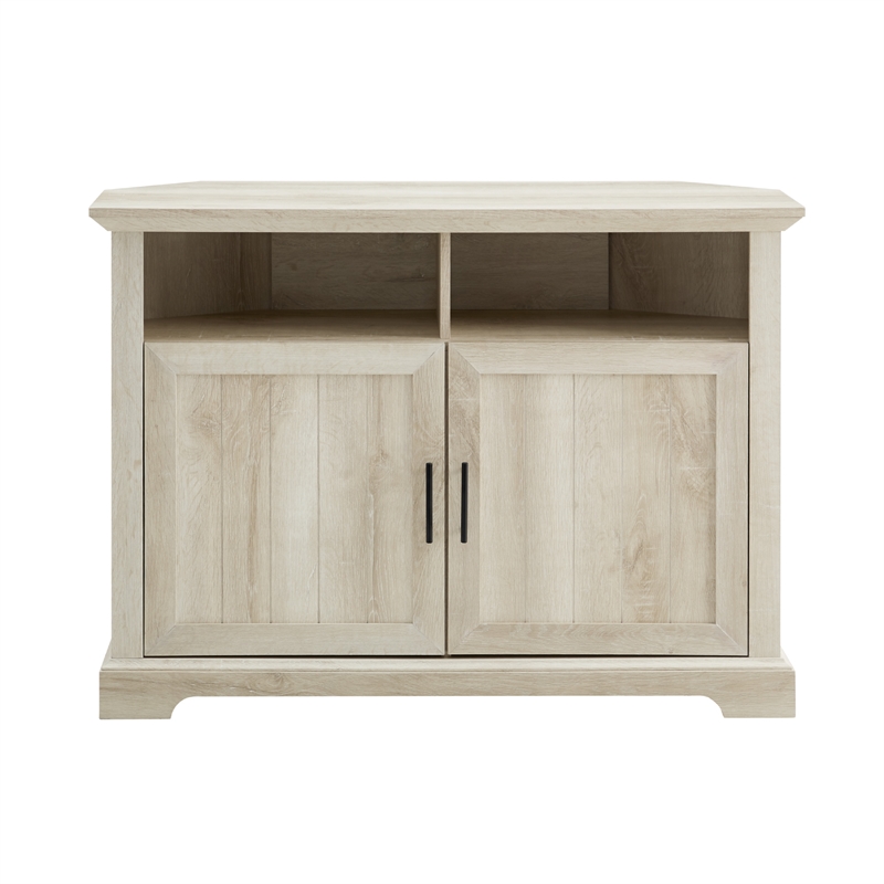 Walker Edison Grooved Wood Door Corner TV Console in White Oak