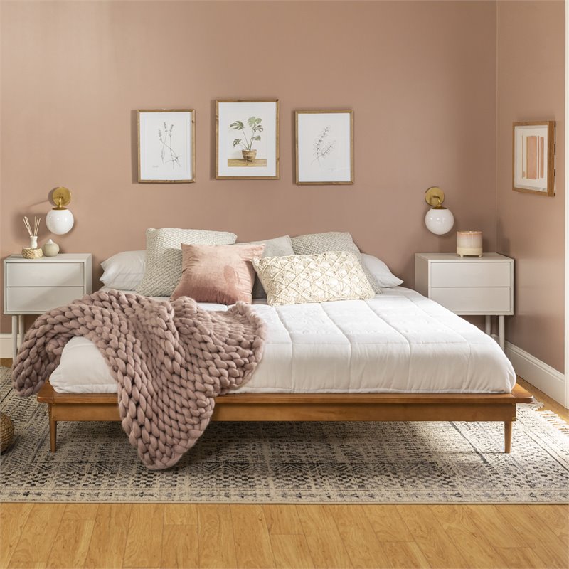 Walker Edison Spindle Mid-Century Solid Pine Wood Platform Bed Frame in Caramel