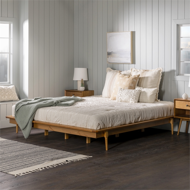 Walker Edison Spindle Mid-Century Solid Pine Wood Platform Bed Frame in Caramel