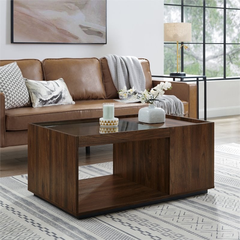 Talia 40" Glass Top Storage Coffee Table - Dark Walnut - AF40TALCTDW