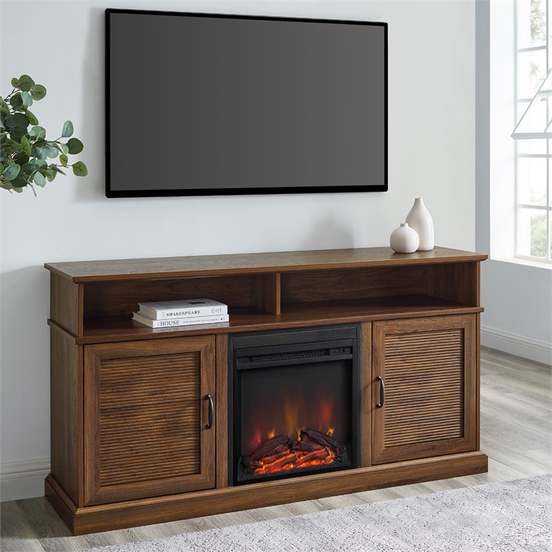 60" Fluted Door Highboy Fireplace TV Stand Dark Walnut W60FPDAY2DHBDW