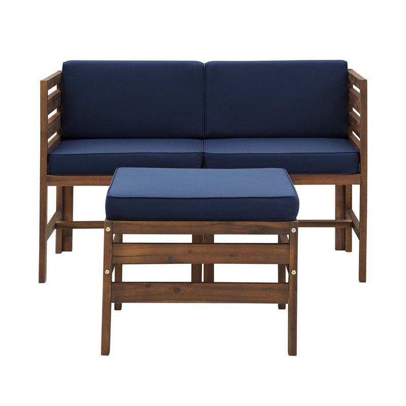 Modular Acacia Patio Arm Chairs and Ottoman - Dark Brown/Navy Blue