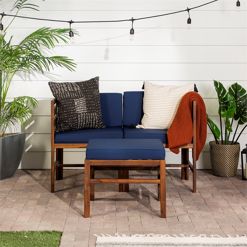 Modular Acacia Patio Arm Chairs and Ottoman - Dark Brown/Navy Blue