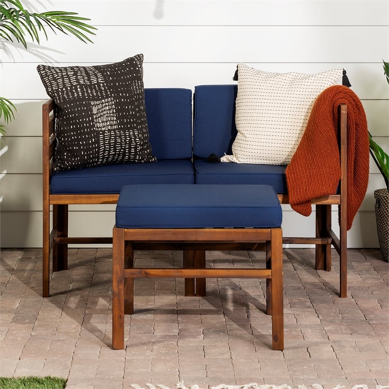 Modular Acacia Patio Arm Chairs and Ottoman - Dark Brown/Navy Blue