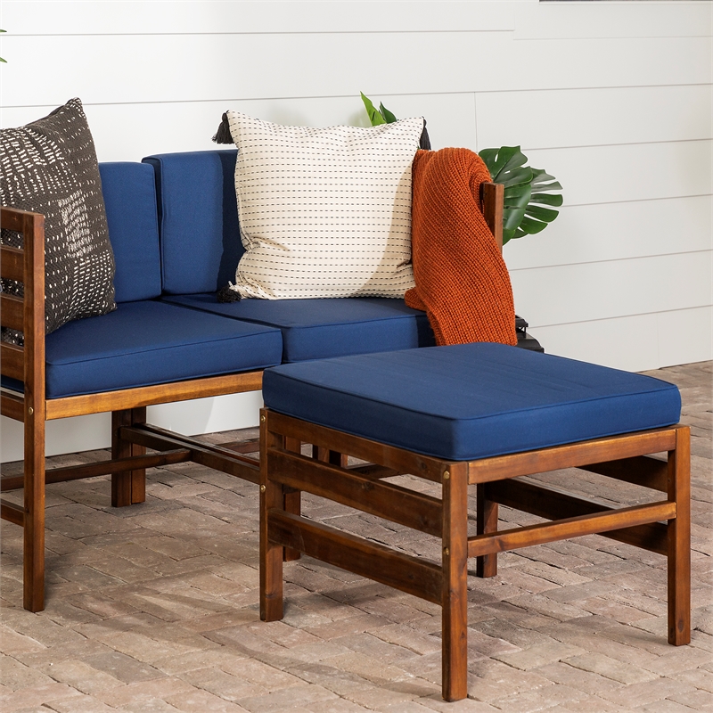 Modular Acacia Patio Arm Chairs and Ottoman - Dark Brown/Navy Blue