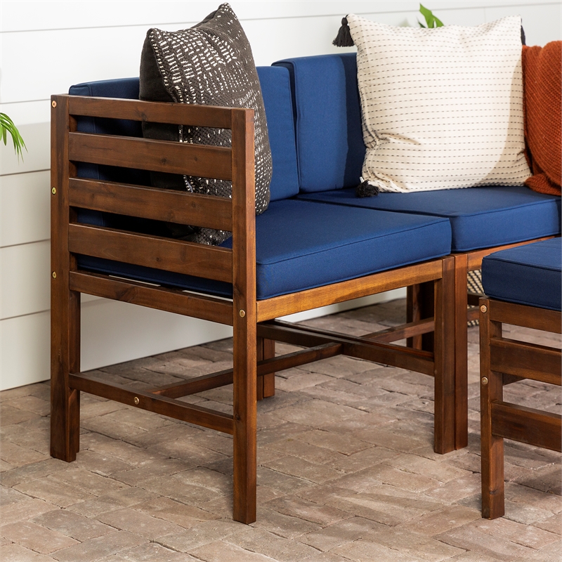 Modular Acacia Patio Arm Chairs and Ottoman - Dark Brown/Navy Blue