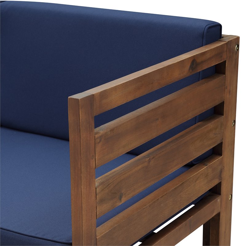 Modular Acacia Patio Arm Chairs and Ottoman - Dark Brown/Navy Blue