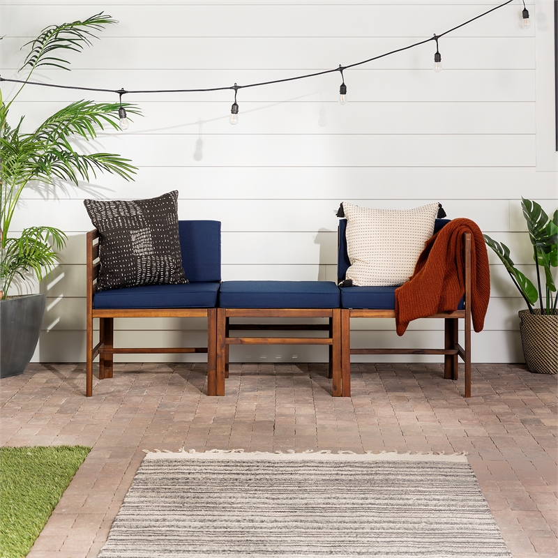 Modular Acacia Patio Arm Chairs and Ottoman - Dark Brown/Navy Blue