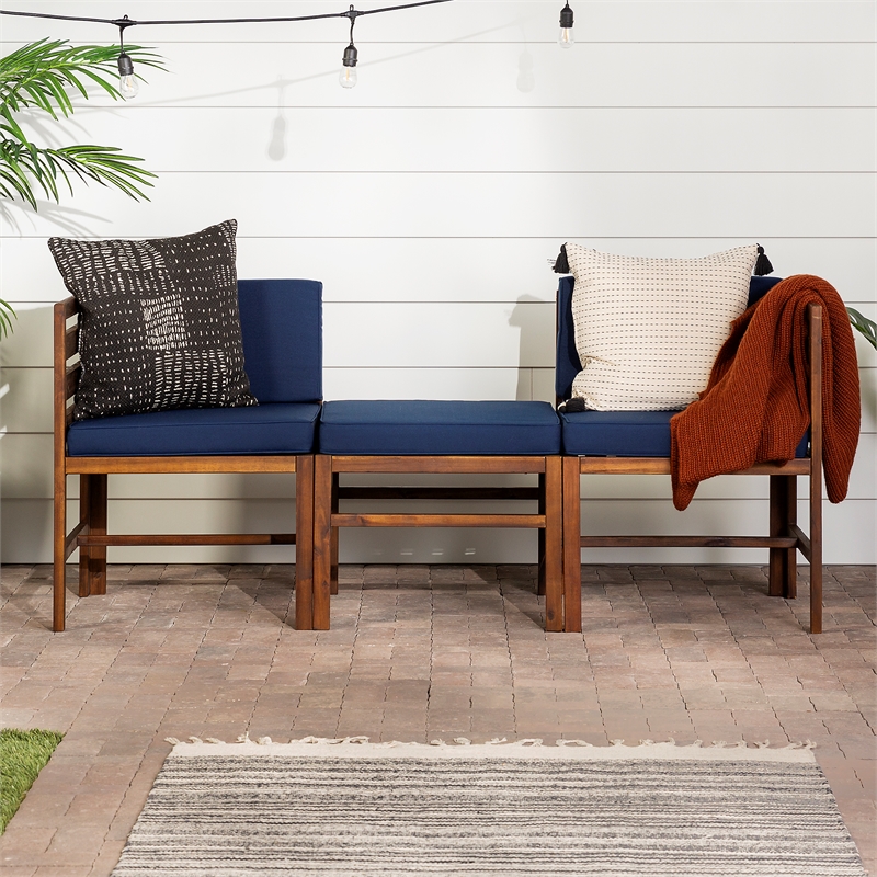 Modular Acacia Patio Arm Chairs and Ottoman - Dark Brown/Navy Blue