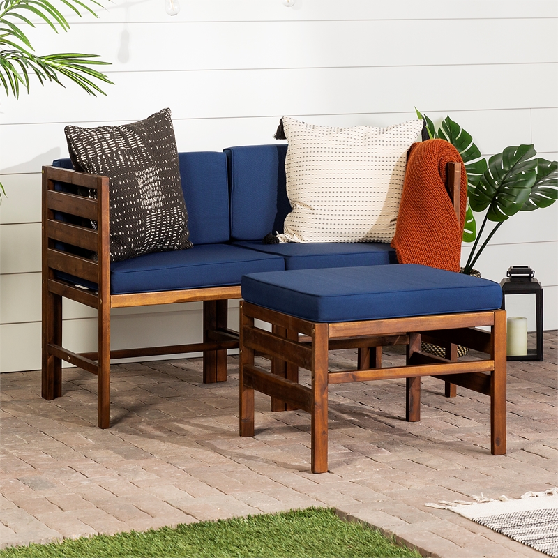 Modular Acacia Patio Arm Chairs and Ottoman - Dark Brown/Navy Blue