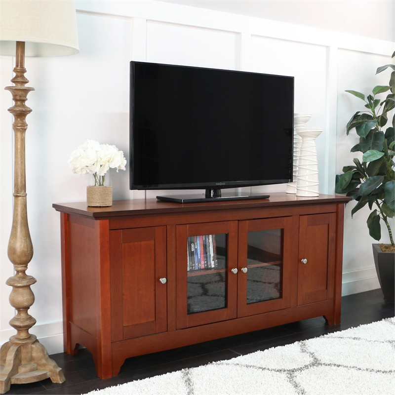 52" Solid Wood TV Stand with 4 Doors in Walnut Brown W52C4DOWB