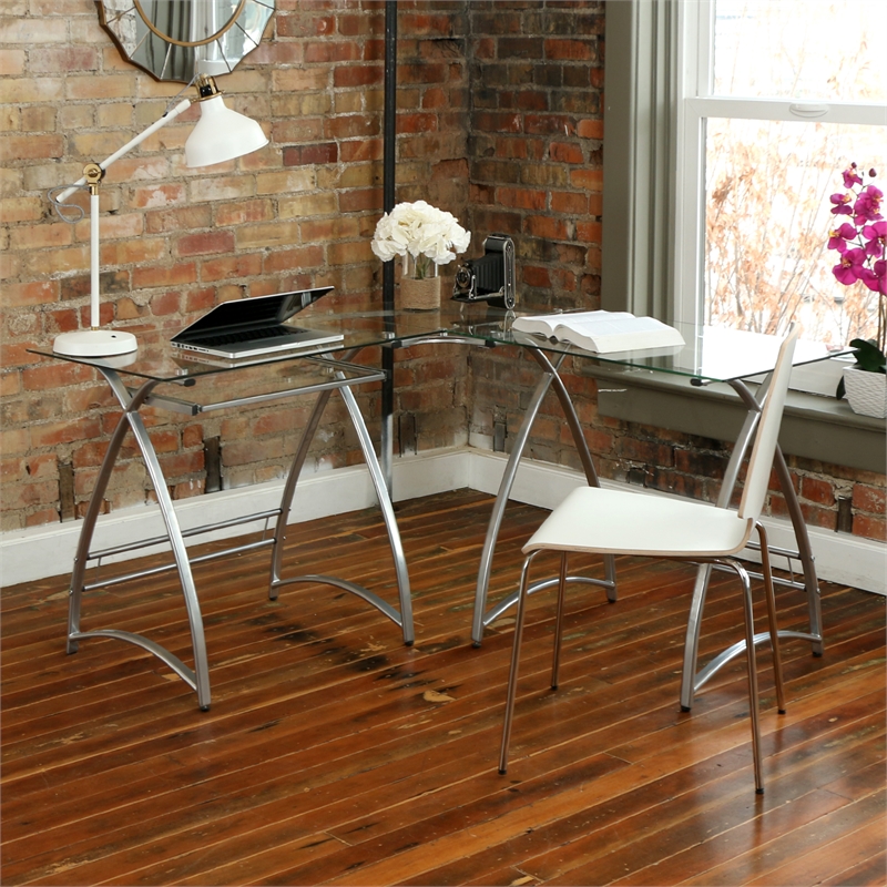 51" Modern Corner Glass Computer Desk Silver Cymax Business
