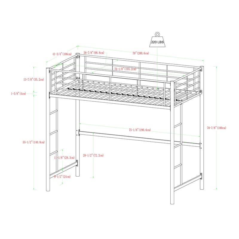 Metal Twin Loft Bunk Bed in Black