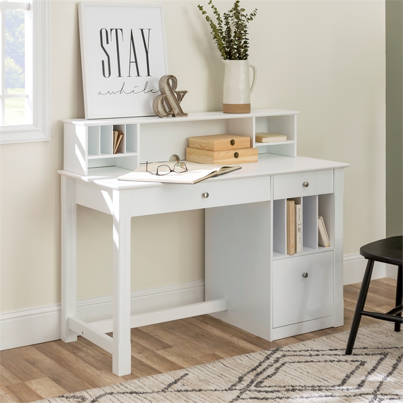 Wood Writing Desk with Hutch in White