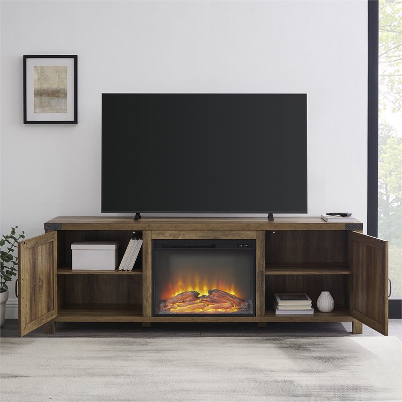 Farmhouse Barn Door Fireplace TV Stand for TVs up to 80" in Rustic Oak