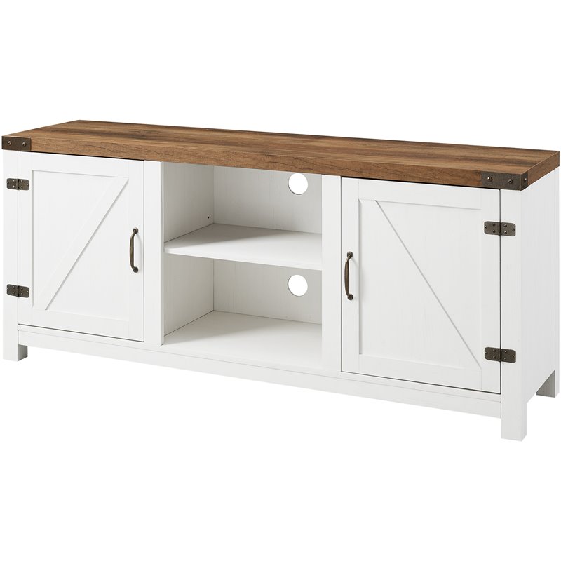 Farmhouse Double Barn Door TV Stand for TVs up to 65" Rustic Oak/Brushed White