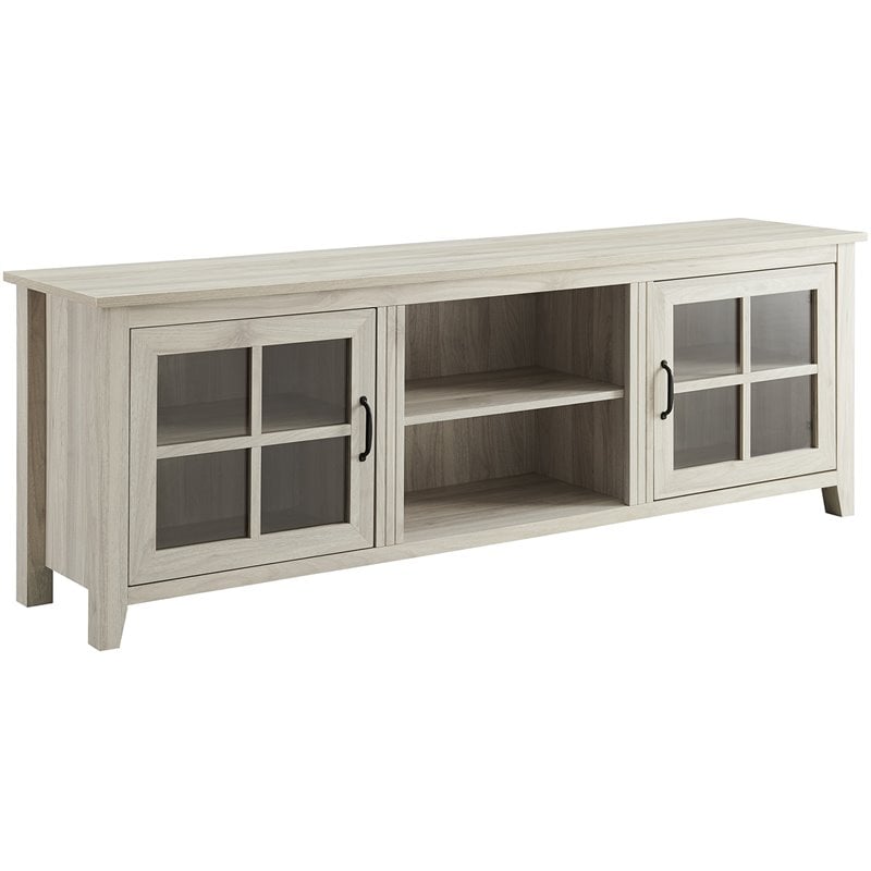 70" Glass Door TV Console with Adjustable Shelves in Birch