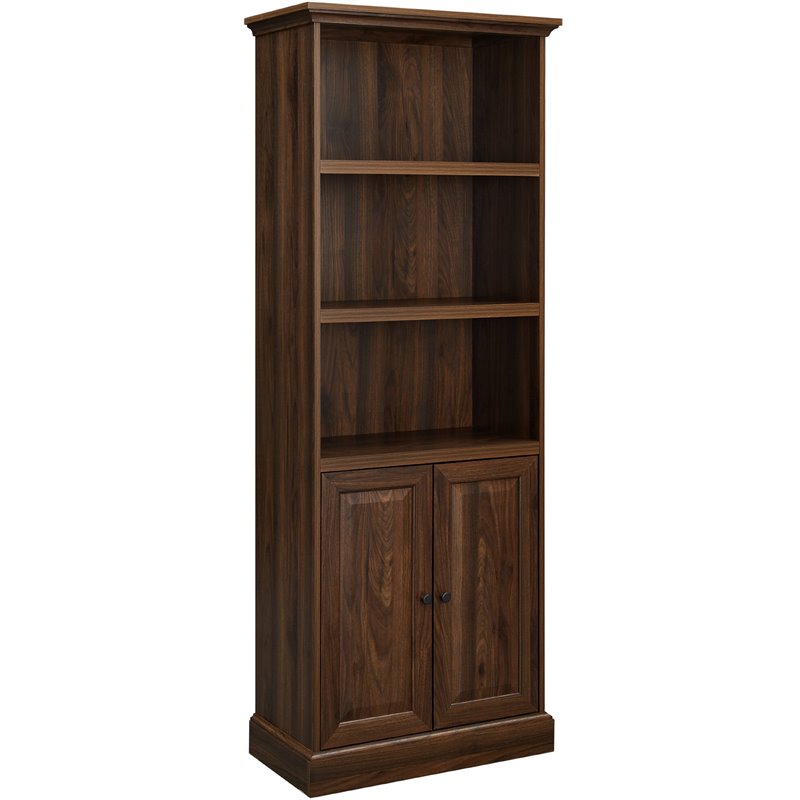 Classic Beveled Door Hutch Bookcase with 2Fixed Shelves in Dark Walnut