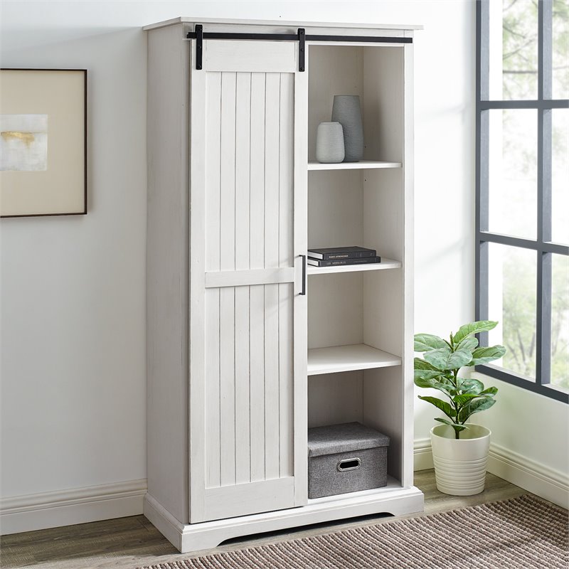 Modern Farmhouse Grooved Sliding Door Tall Storage Cabinet in Brushed White