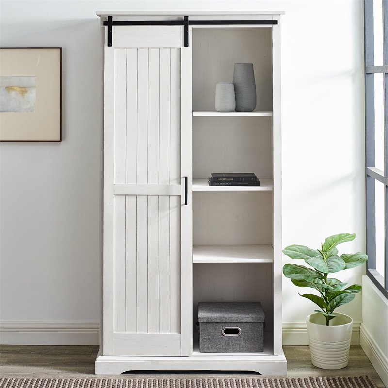 Modern Farmhouse Grooved Sliding Door Tall Storage Cabinet in Brushed White