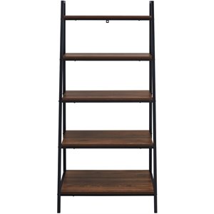 contemporary metal and wood 5-shelf ladder bookcase in dark walnut