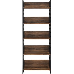 modern slat-side 5-shelf bookcase in solid black and rustic oak