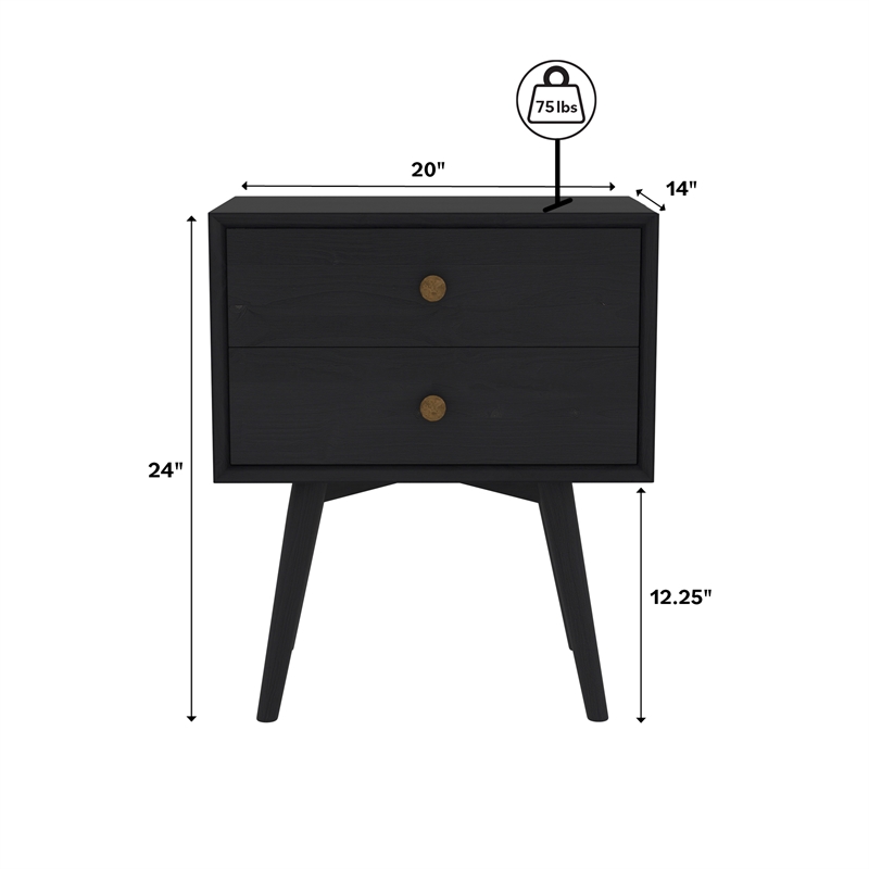 Mid Century Modern 2-Drawer Bedroom Nightstand in Black