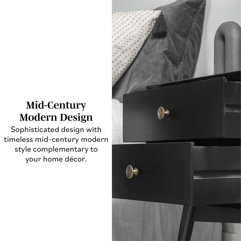 Mid Century Modern 2-Drawer Bedroom Nightstand in Black