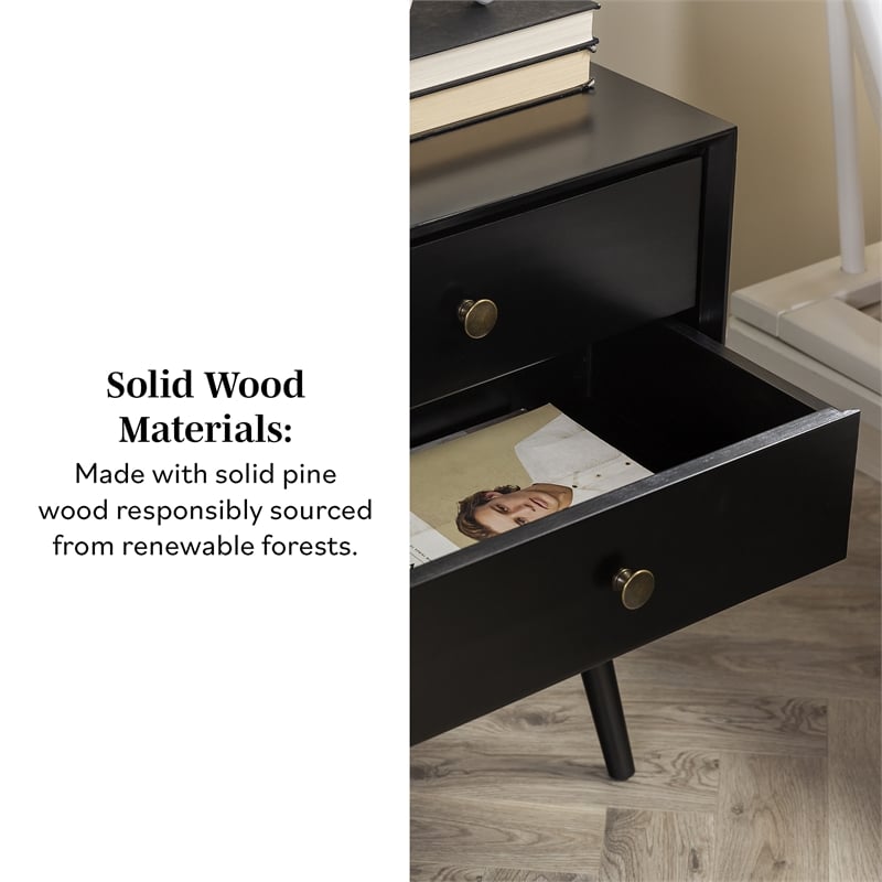 Mid Century Modern 2-Drawer Bedroom Nightstand in Black