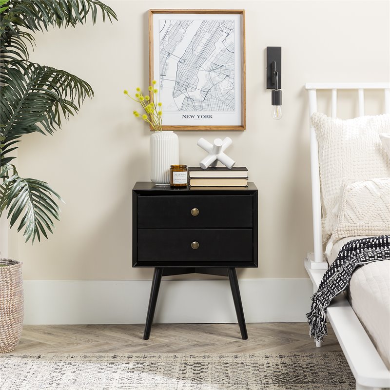Mid Century Modern 2-Drawer Bedroom Nightstand in Black