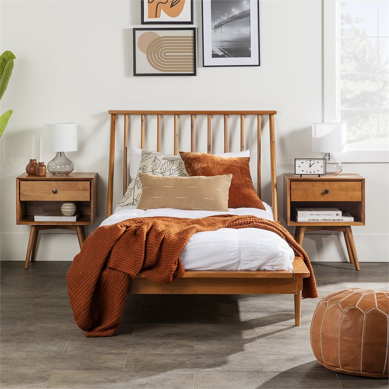 Walker Edison Spindle Mid-Century Solid Pine Wood Twin-Sized Bed Frame - Caramel