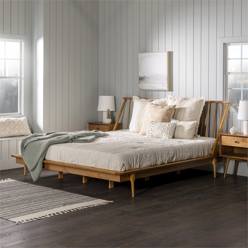 Walker Edison Spindle Modern Solid Pine Wood Platform Bed Frame in Caramel