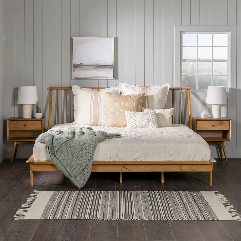 King Mid Century Modern Solid Wood Spindle Platform Bed in Caramel
