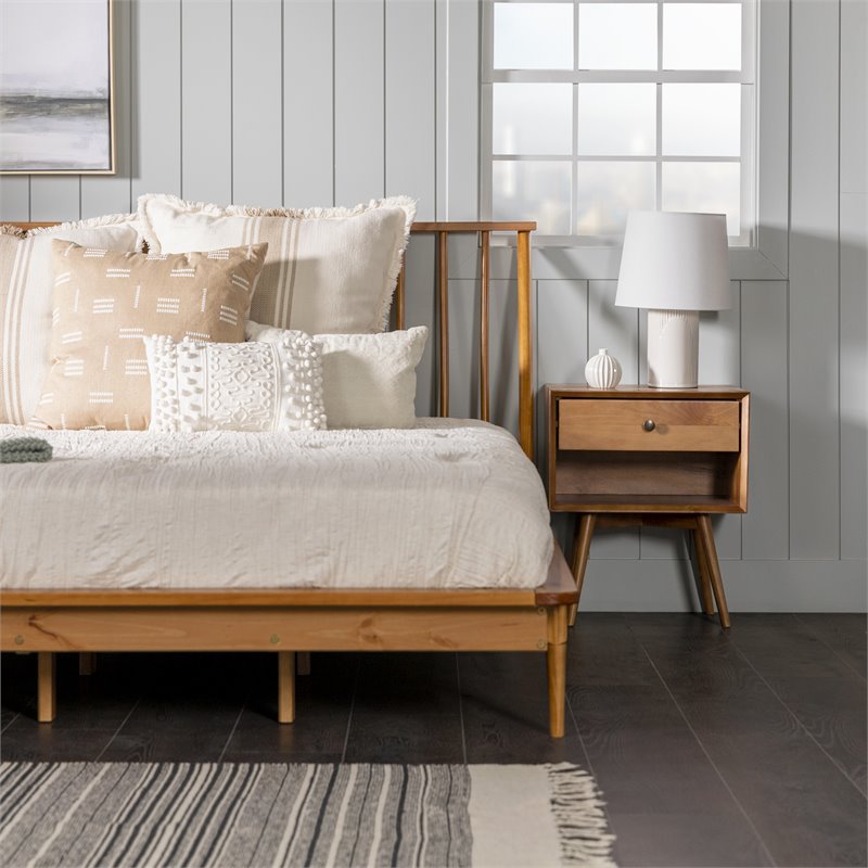 King Mid Century Modern Solid Wood Spindle Platform Bed in Caramel