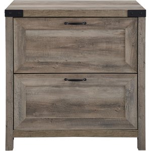 modern farmhouse 2-drawer filing cabinet with metal accents in gray wash