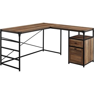 angle iron l-shaped computer desk with storage in rustic oak