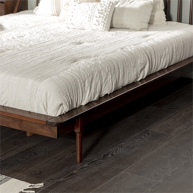 King Mid Century Modern Solid Wood Spindle Platform Bed in Walnut