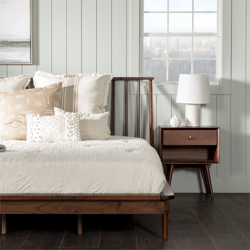 King Mid Century Modern Solid Wood Spindle Platform Bed in Walnut