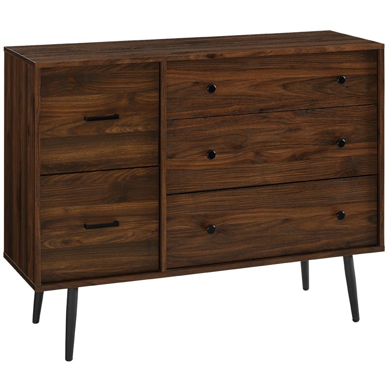 Modern 5-Drawer Metal and Wood Bedroom Dresser in Dark Walnut