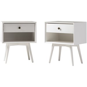 2-piece 1-drawer mid-century solid wood bedroom nightstand in white