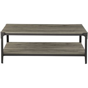 angle iron rustic wood coffee table with riveted angle brackets in slate gray