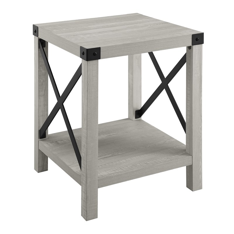 Metal X-Shaped Frame Rustic Wood End Table in Stone Gray
