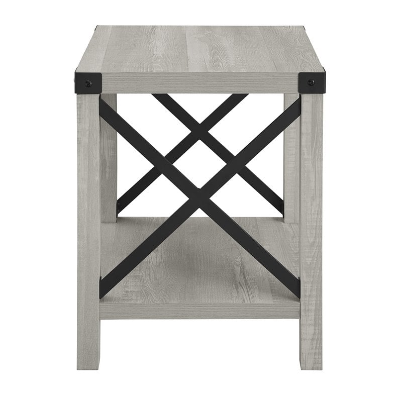 Metal X-Shaped Frame Rustic Wood End Table in Stone Gray