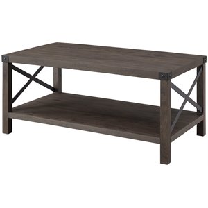 farmhouse metal-x coffee table with lower shelf in sable