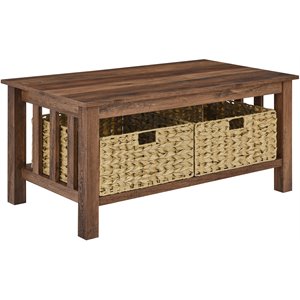 mission storage coffee table with baskets in rustic oak