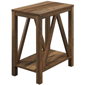 narrow a-frame end table with open storage shelf in rustic oak