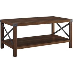 metal x-shaped sides rustic wood coffee table in dark walnut